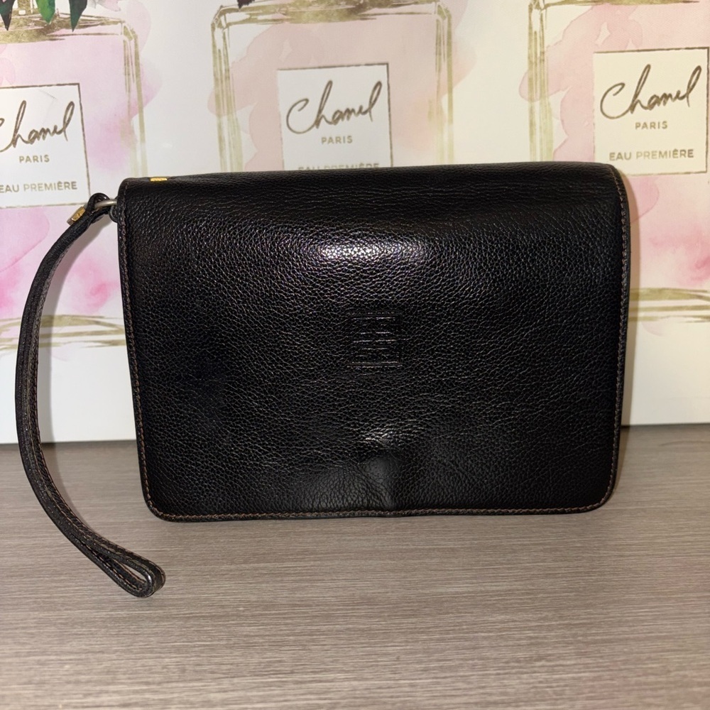 Vintage GIVENCHY Black Pebbled Leather Wristlet Clutch | Embossed 4G Logo
